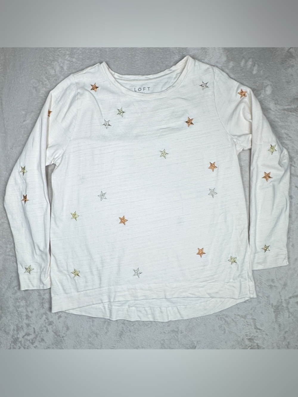 LOFT Embroidered Metallic Stars Cream Long Sleeve 100% Cotton Celestial Top XL
